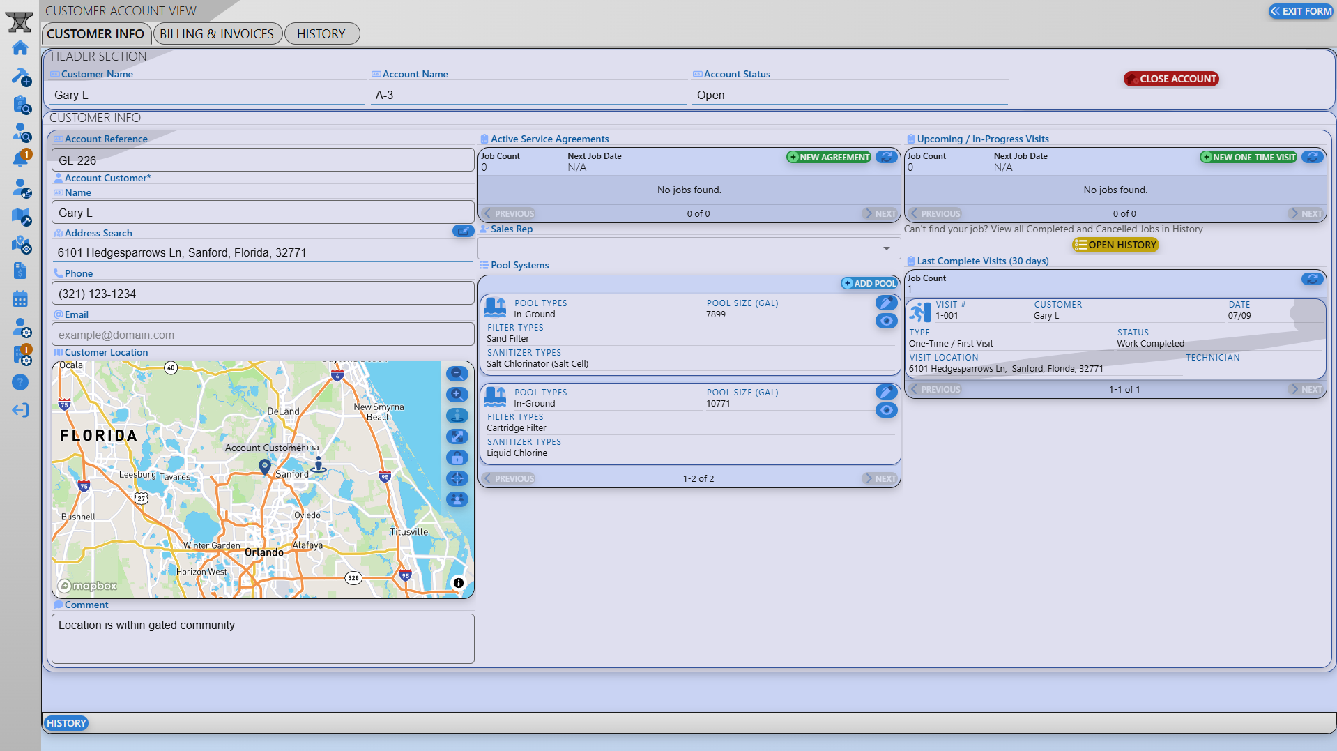 FlowForge customer account view with customer, service, and equipment information